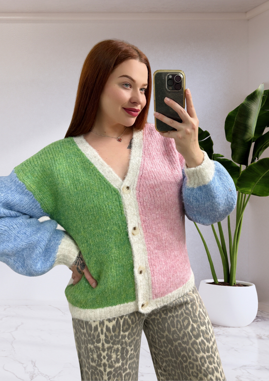 Multi Knit Button Up Cardigan - Green Blue Pink
