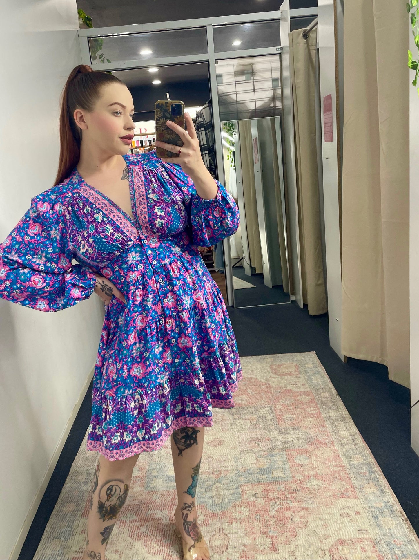 Layla Button Up Long Sleeve Mini Dress - Blue Pink Floral Bestique Layla Button Up Long Sleeve Mini Dress - Blue Pink Floral Bestique