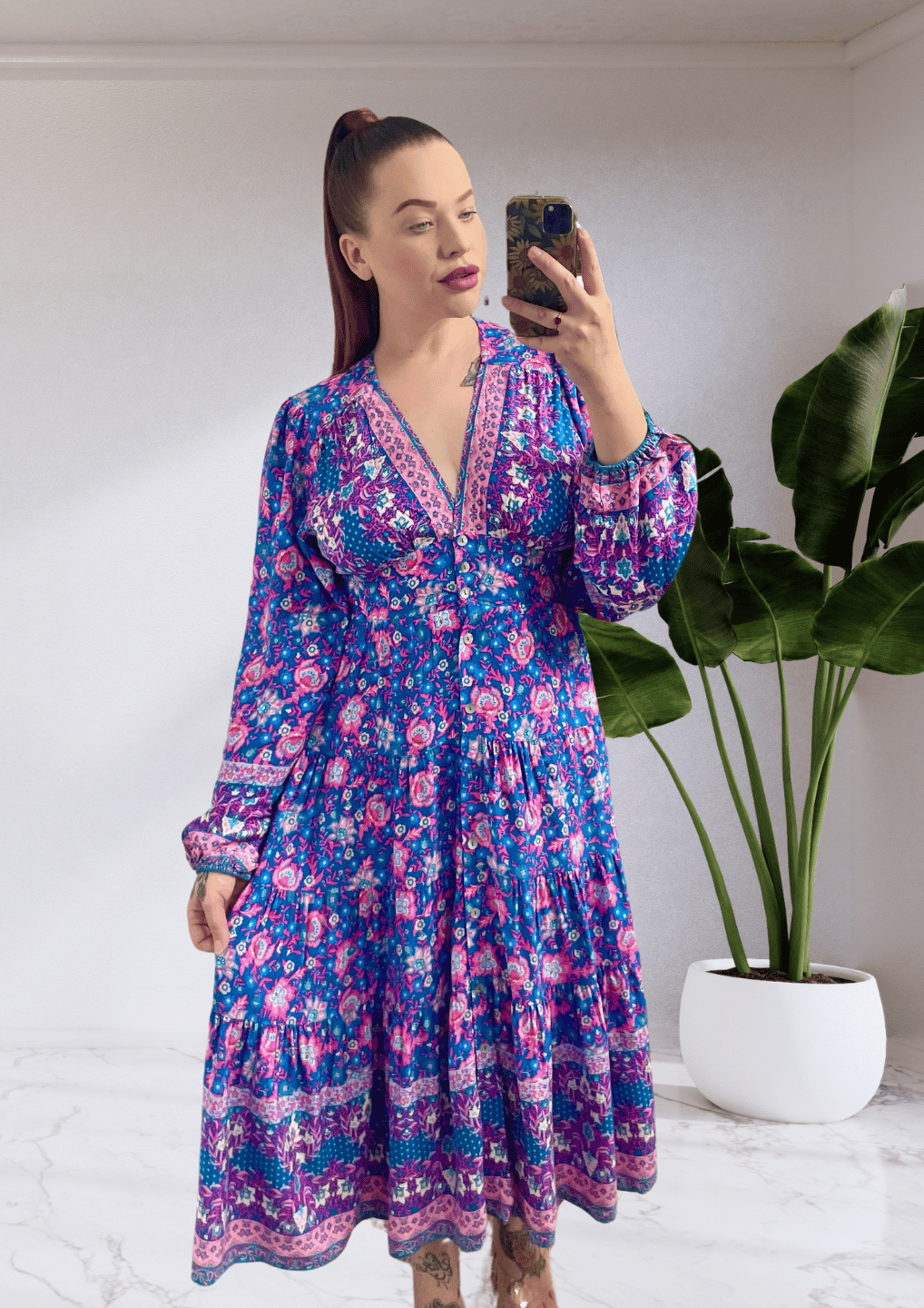 Zoe Button Up Long Sleeve Midi Dress - Blue Pink Floral