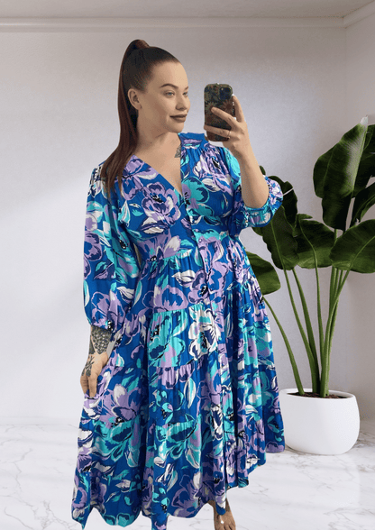 Zoe Button Up Long Sleeve Midi Dress - Blue Purple Floral