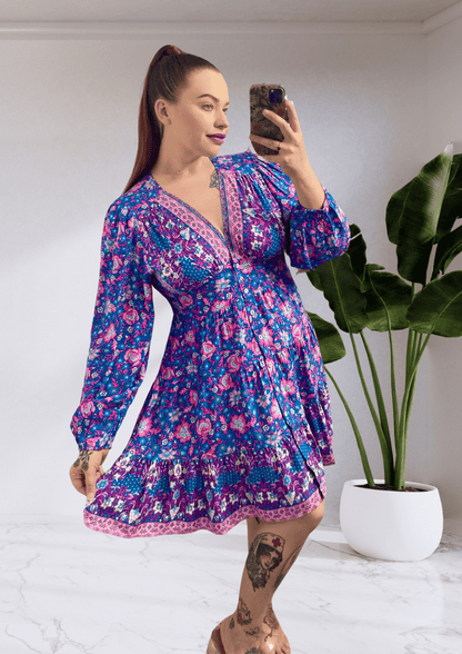 Layla Button Up Long Sleeve Mini Dress - Blue Pink Floral