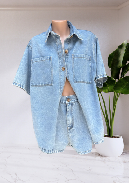 Leah Denim Shirt & Shorts Set Acid Blue