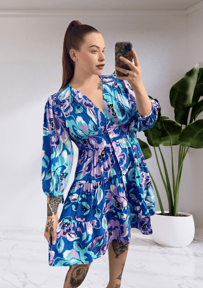 Layla Button Up Long Sleeve Mini Dress - Blue Purple Floral