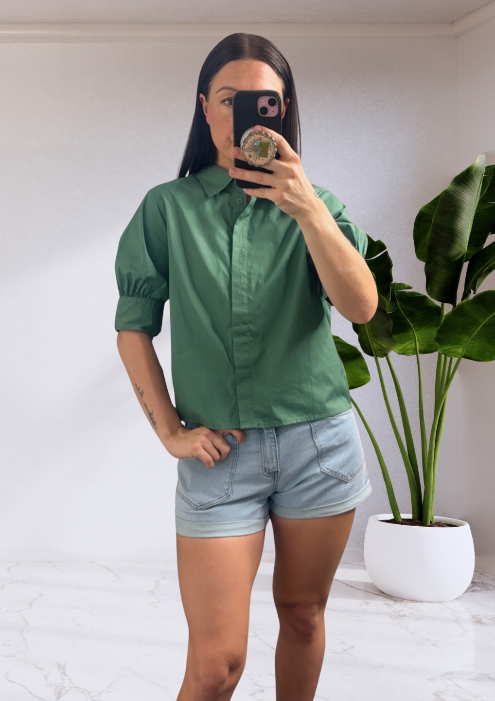 Reagan Poplin Button Up Shirt Top  - Green