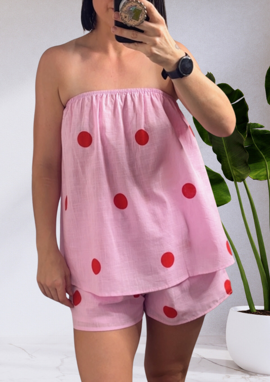 Bella Strapless Top & Pants Set Pink/Red Polka Dot