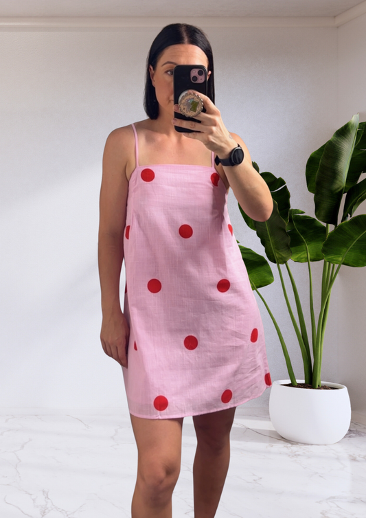 Stella Slip Cotton Mini Dress - Pink/Red Polka Dot | By Frankie
