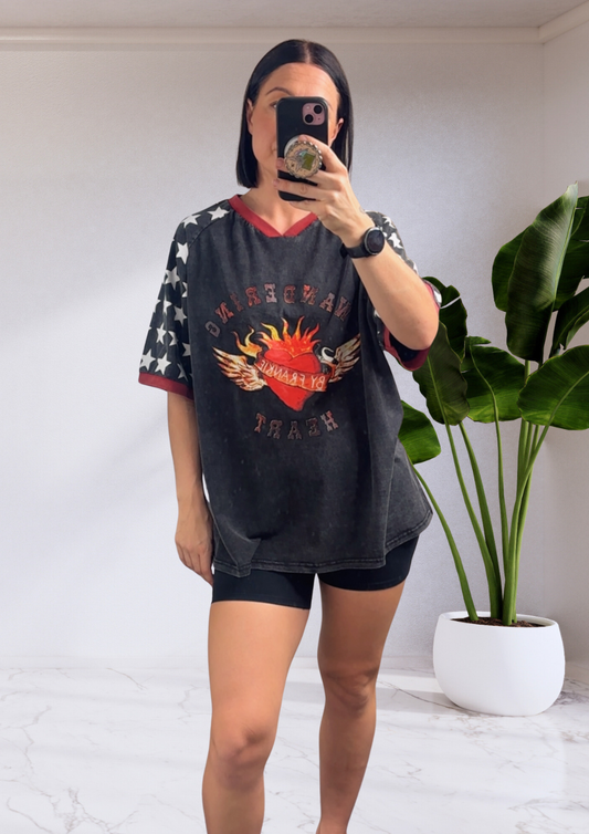 Jersey Oversized Tee T-Shirt - Black Acid Wash Wandering Hearts | By Frankie