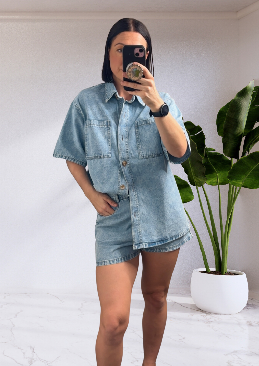 Leah Denim Shirt & Shorts Set Acid Blue