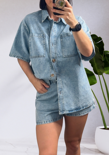 Leah Denim Shirt & Shorts Set Acid Blue