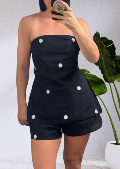 Bella Strapless Top & Shorts Set Black Polka Dot