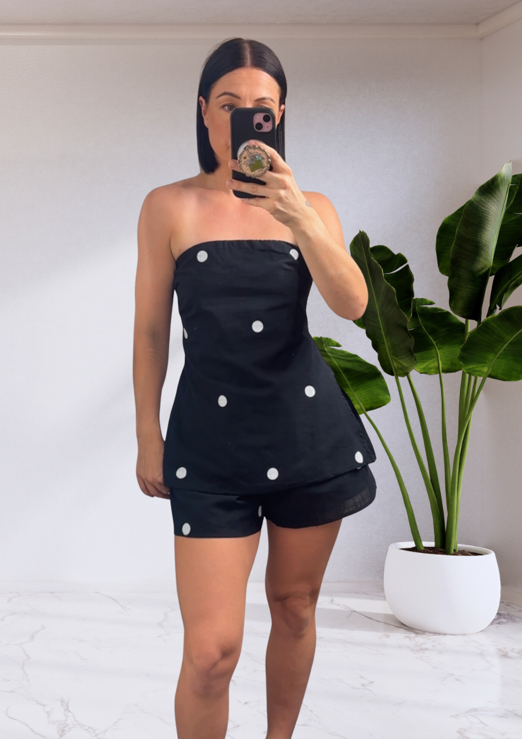 Bella Strapless Top & Shorts Set Black Polka Dot