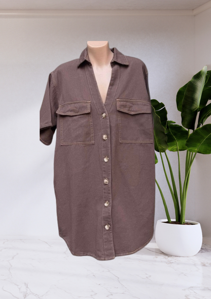 Cass Button Up Denim Shirt Mini Dress - Choc Brown | By Frankie