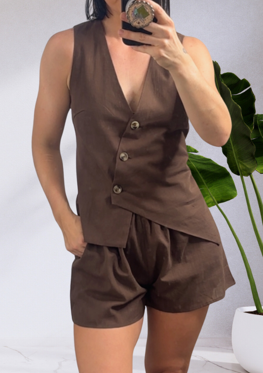 Emilia Asymmetric Vest Top & Shorts Set Brown
