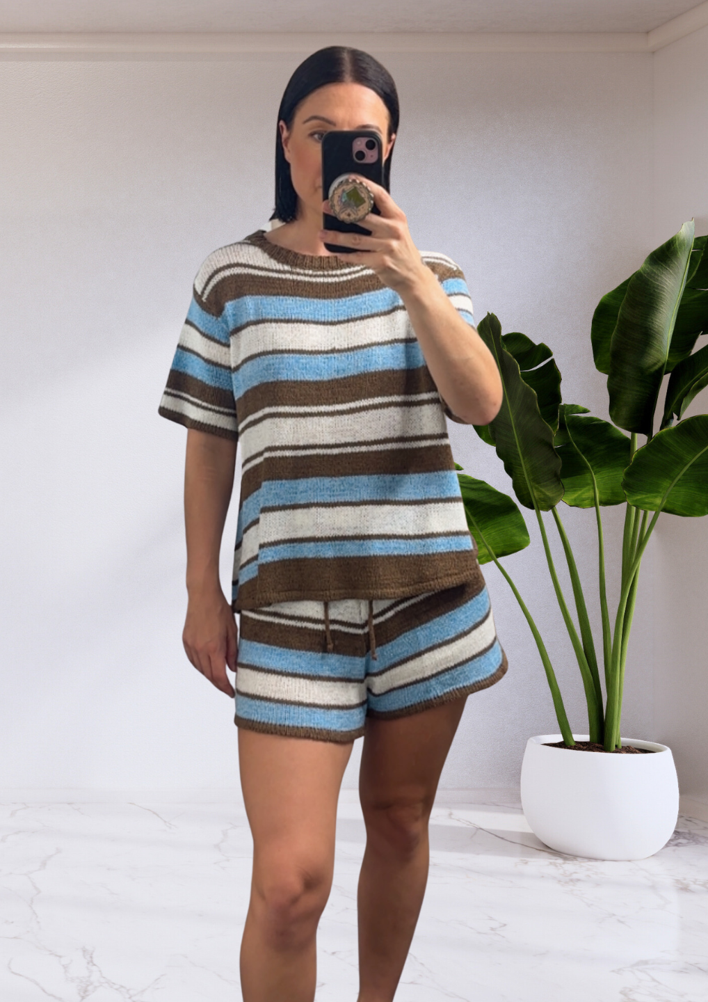Paula Knit Shirt Top & Shorts Set - Blue Brown Stripe | By Frankie