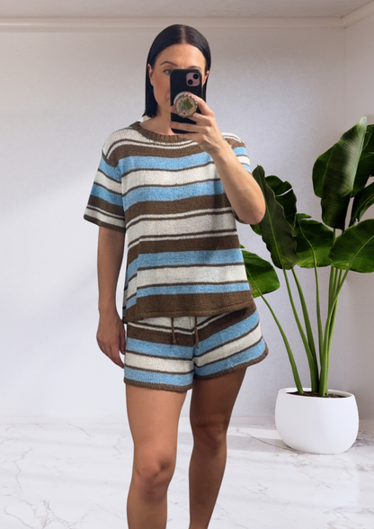 Paula Knit Shirt Top & Shorts Set - Blue Brown Stripe | By Frankie