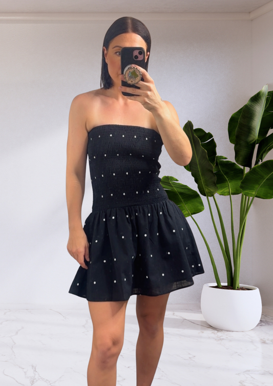 Stacey Mini Polka Dot Shirred Mini Dress - Black | By Frankie
