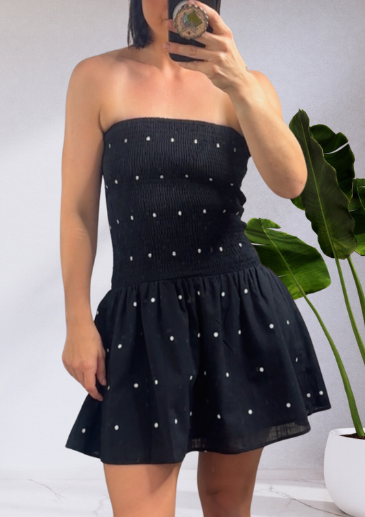 Stacey Mini Polka Dot Shirred Mini Dress Black