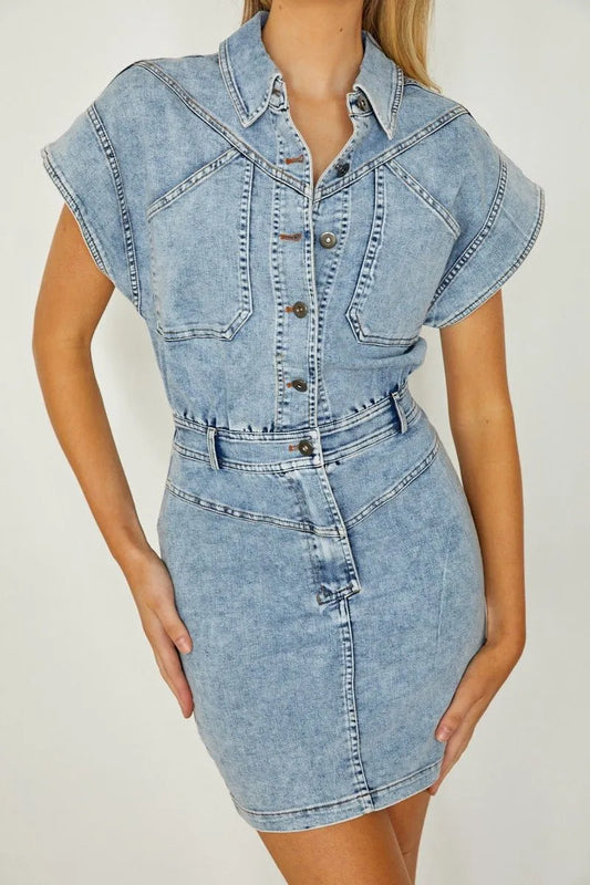 Bailey Button Up Denim Mini Dress - Light Blue