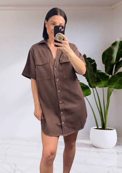 Cass Button Up Denim Shirt Mini Dress - Choc Brown | By Frankie