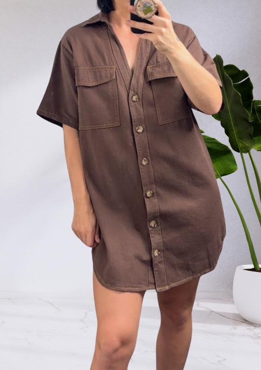Cass Denim Shirt Mini Dress - Brown