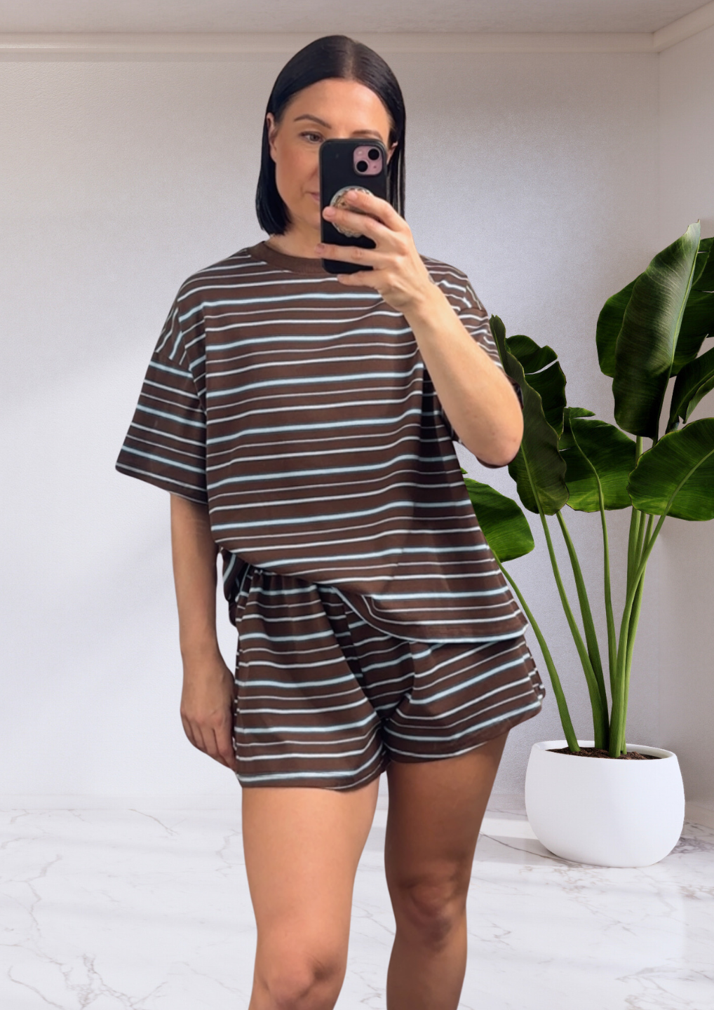 Tessa Stripe T-Shirt & Shorts Set - Brown Blue