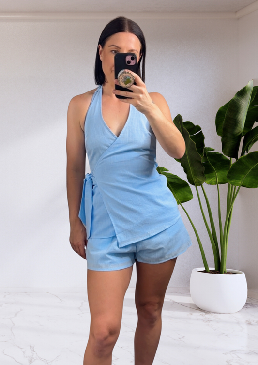 Kylie Wrap Matching Top & Shorts Set - Blue | By Frankie