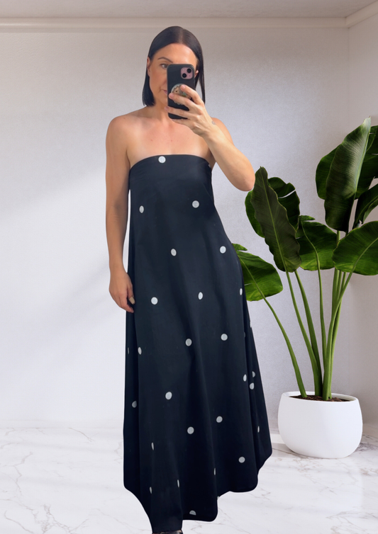 Georgie Strapless Tube Maxi Dress - Black Polka Dot | By Frankie