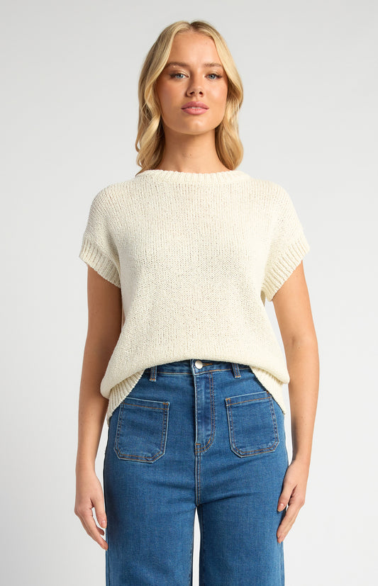 Crochet Cap Sleeves Relaxed Knit Top - White