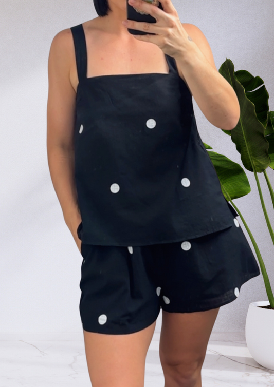 Joyce Polka Dot Shirt & Shorts Set Black