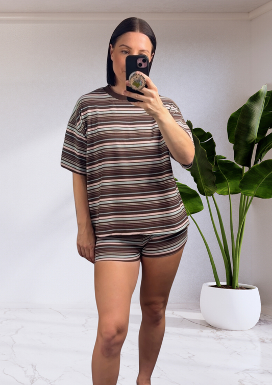 Hazel Oversized Tee T-Shirt & Matching Shortie Shorts - Choc/Black/Pink Stripe | By Frankie