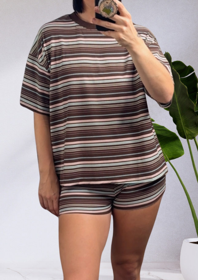 Hazel Oversized Stripe T-Shirt & Shorts - Choc/Black/Pink