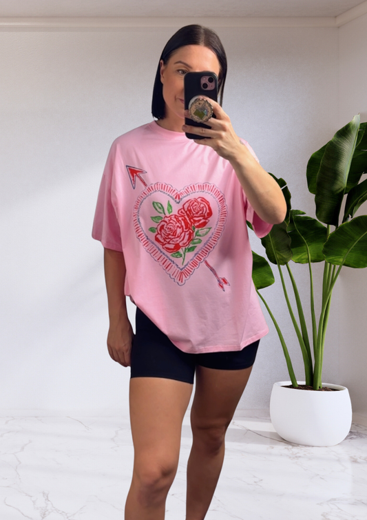 Mya Oversized Tee T-Shirt - Pink Heart Roses | By Frankie