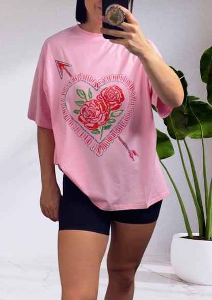 Mya Oversized T-Shirt Pink Heart Roses