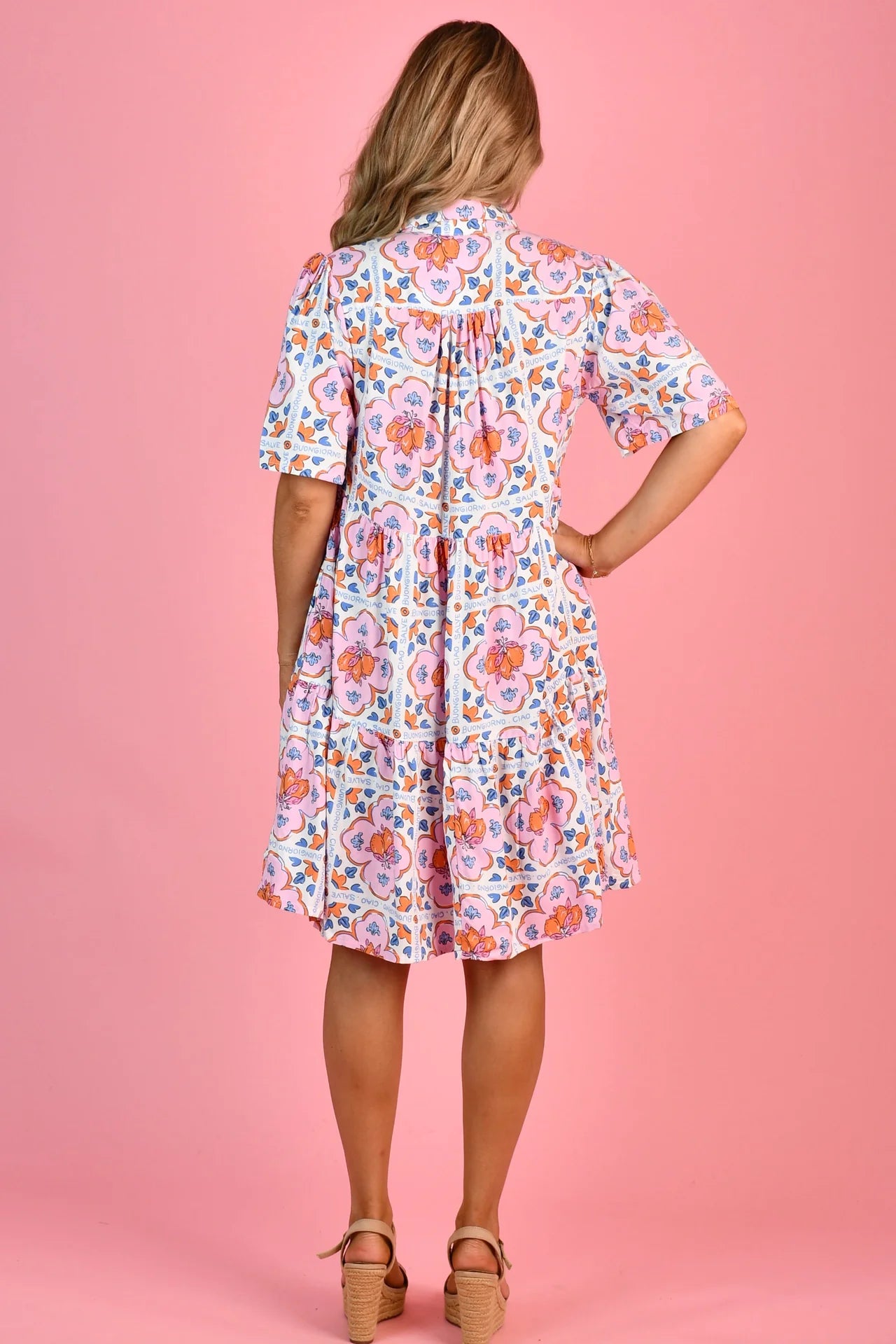 Victoria Short Sleeve Button Up Dress - Lemon Tile Blue/Pink