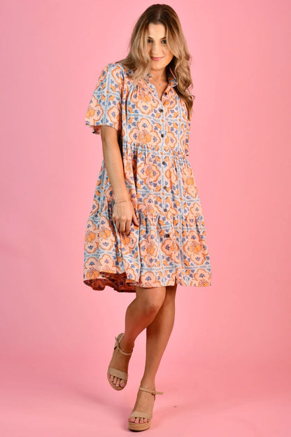 Victoria Short Sleeve Button Up Dress - Lemon Tile Blue/Yellow