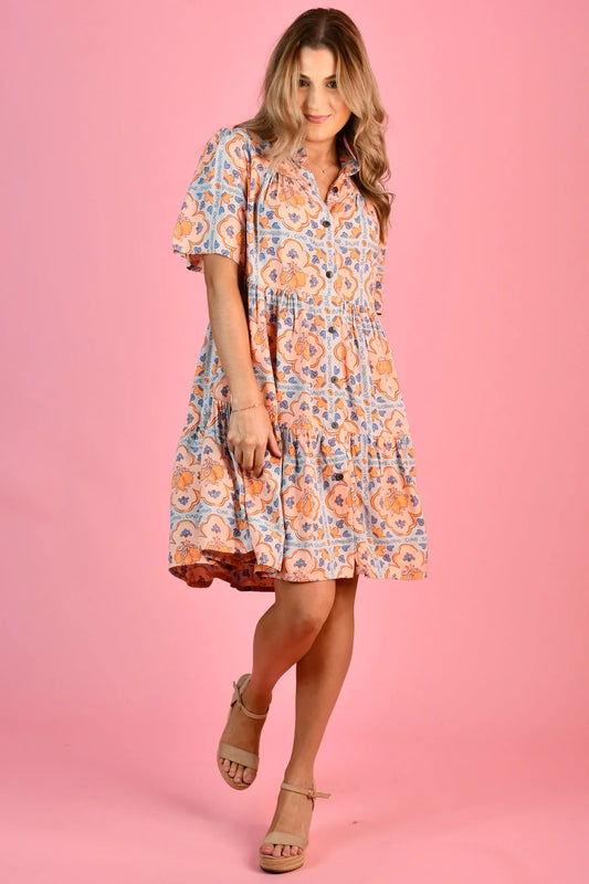 Victoria Short Sleeve Button Up Dress - Lemon Tile Blue/Yellow