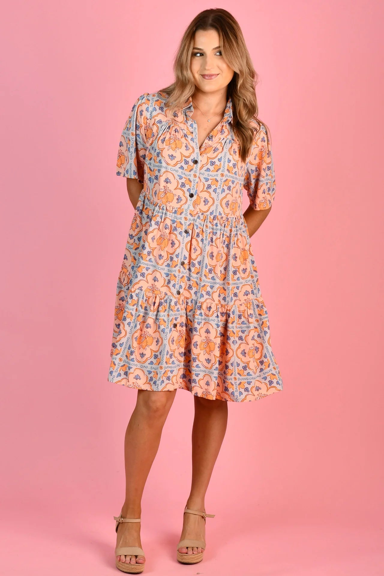 Victoria Short Sleeve Button Up Dress - Lemon Tile Blue/Yellow