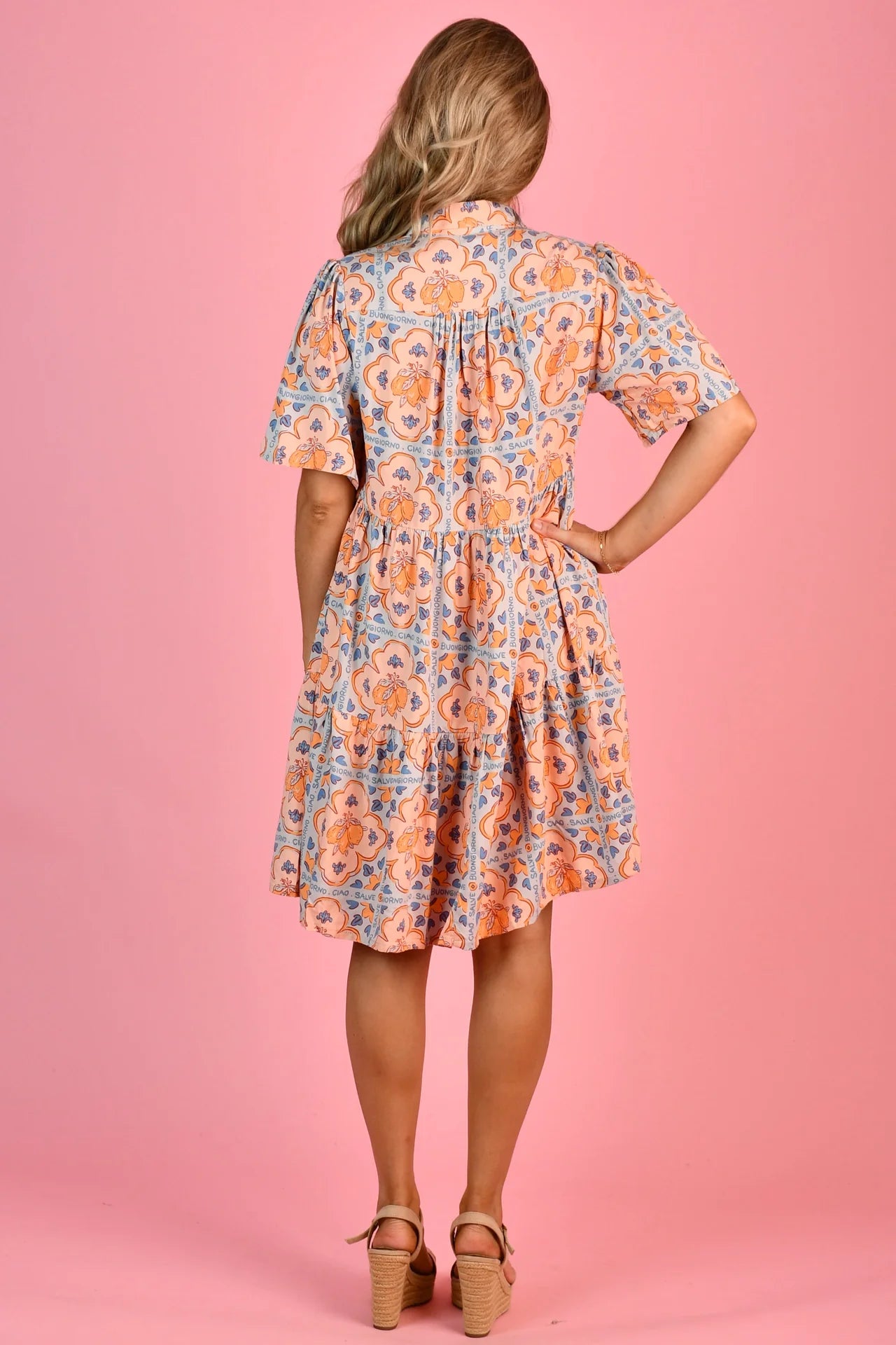 Victoria Short Sleeve Button Up Dress - Lemon Tile Blue/Yellow