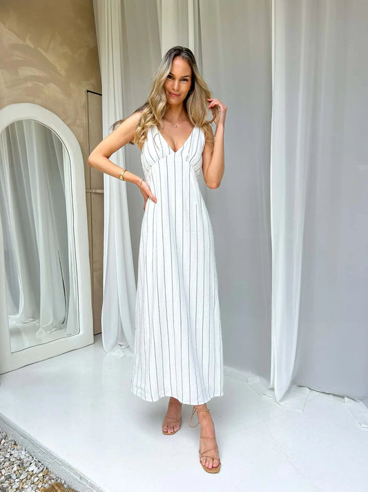 MATILDA TIE MAXI DRESS - MONOCHROME STRIPE