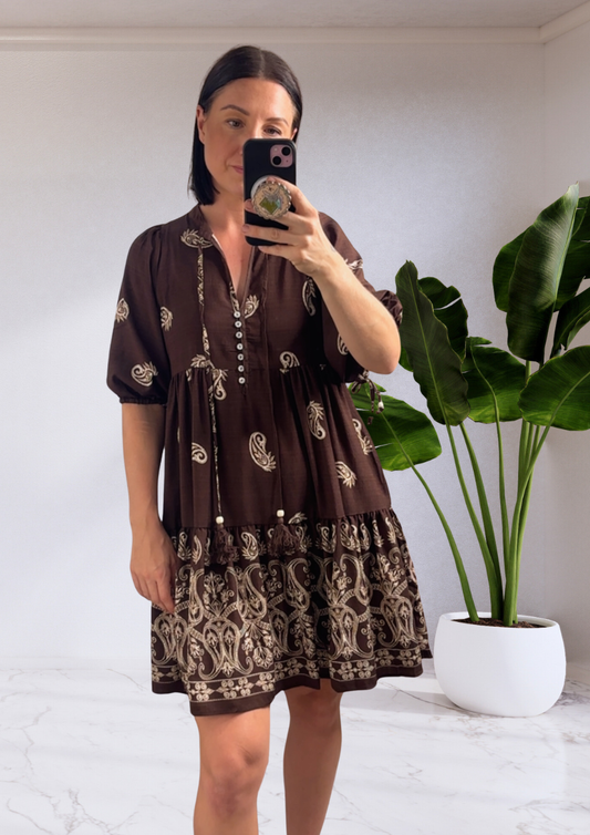Poppy Button Up Mini Dress - Brown Paisley