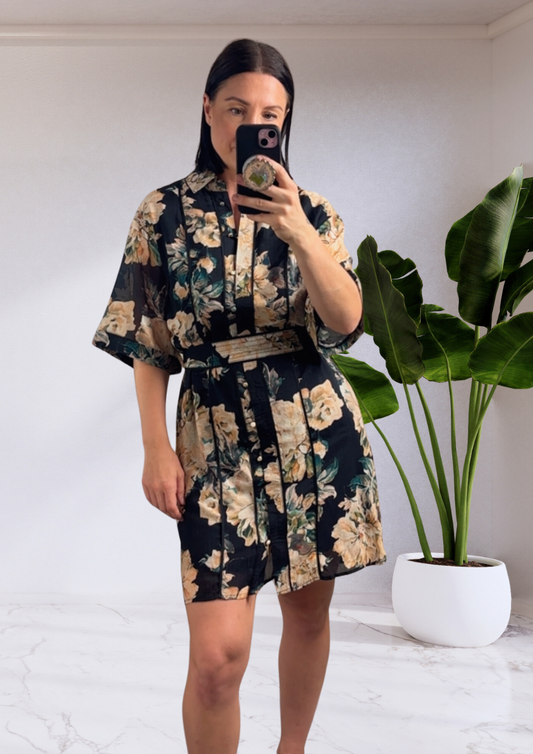 Indy Button Up Belted Shirt Mini Dress - Black Floral