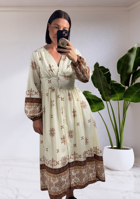 Zoe Button Up Long Sleeve Midi Dress - White Brown Boho