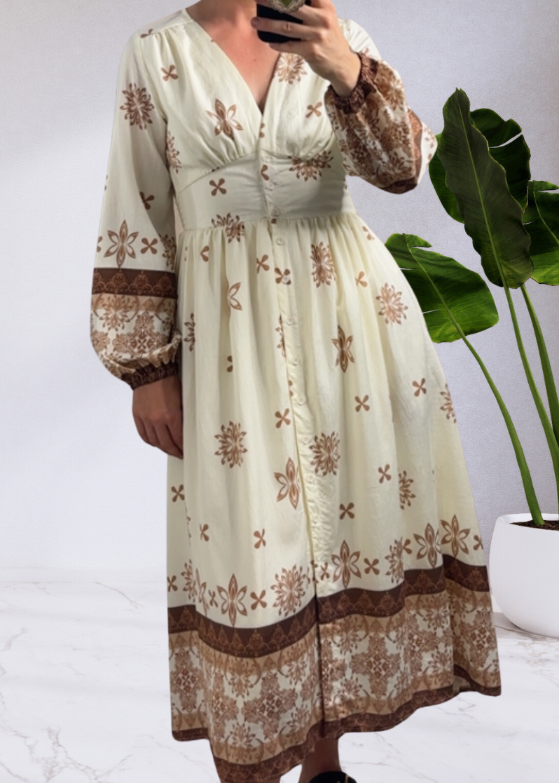 Zoe Midi Dress - White Brown