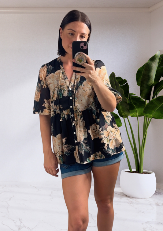 Pip Short Sleeve Button Up Shirt - Black Floral