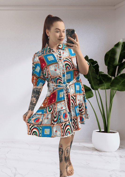 Blair Short Sleeve Button Up Mini Dress - Rainbow Dove