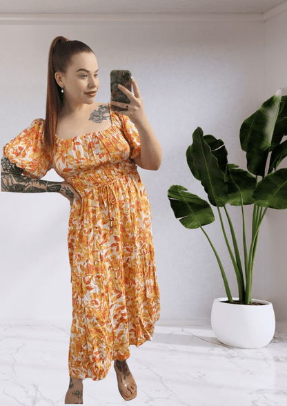 Sophia Floral Off The Shoulder Midi Dress - Orange