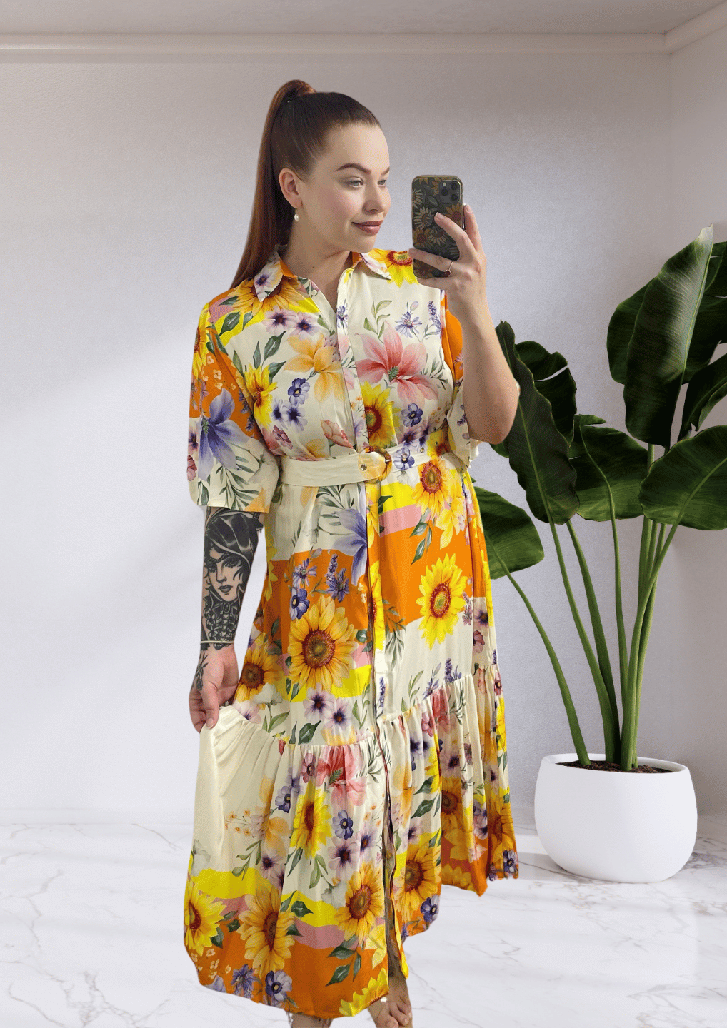 Florance Collared Button Up Belted Midi Dress - Sunflower