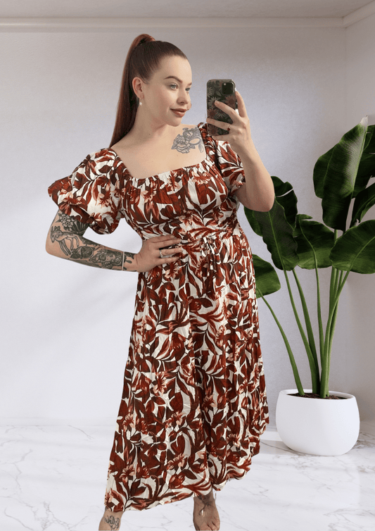 Sophia Floral Shoulder Midi Dress - Brown