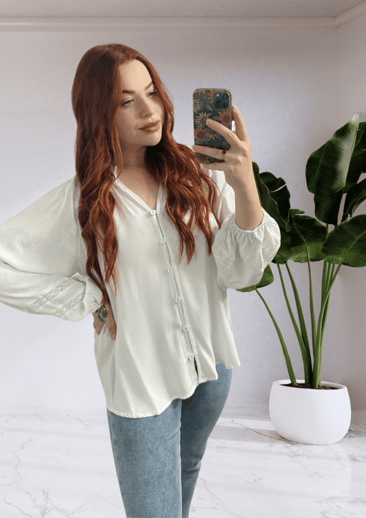 FALLON LONG SLEEVE BUTTON UP BLOUSE TOP - WHITE