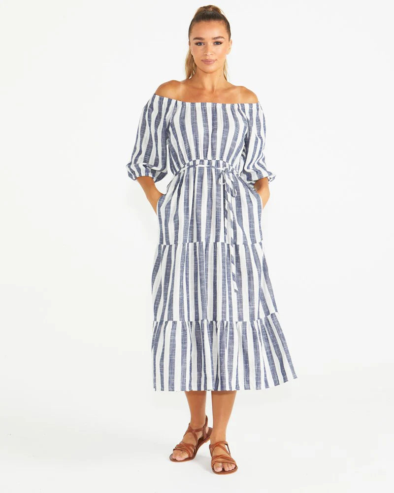 HARLEY OFF THE SHOULDER MIDI DRESS - STRIPE